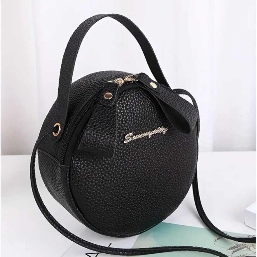 Black fuax leather round‎ hand or crossbody bag purse 6.6x2.7x6.6